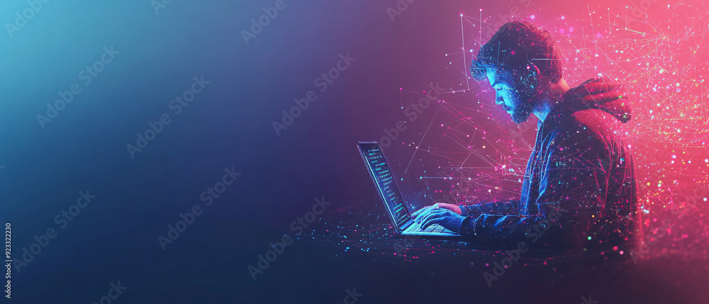 Wall mural man working on laptop with digital network connection