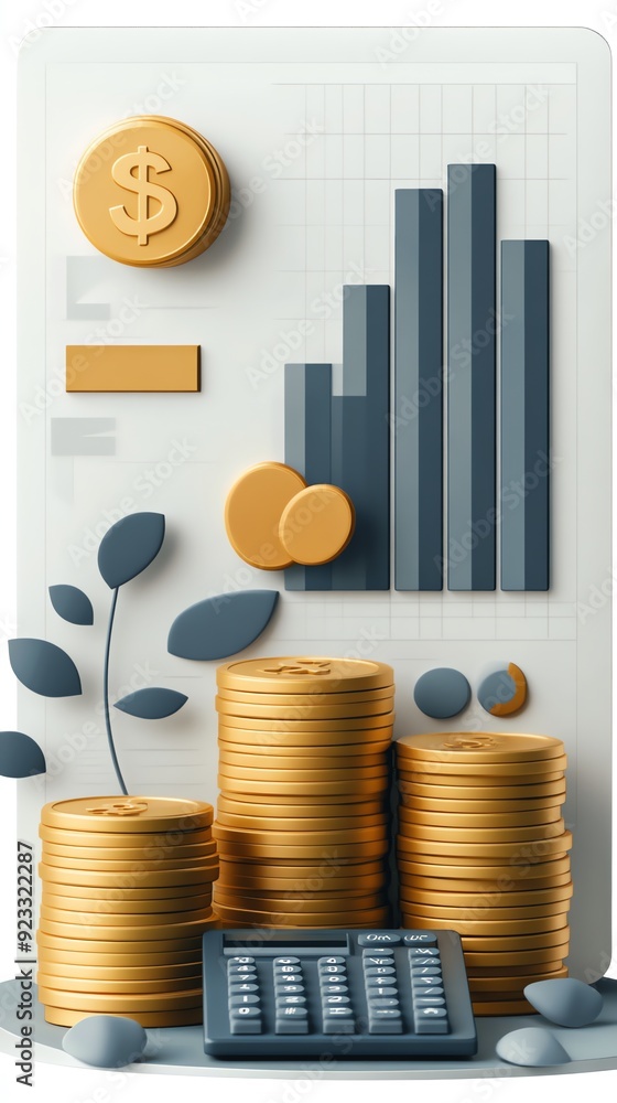 Poster gold coins stacks and calculator with graph.