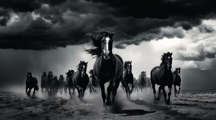 Black stallions with long mane run on dark background in monochrome scene. Neural network ai generated art