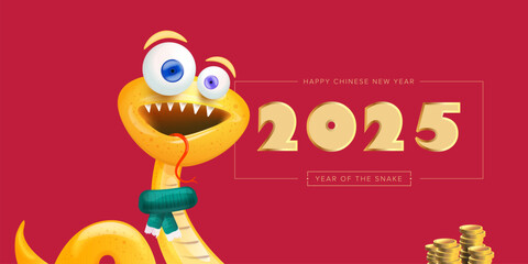 Fototapeta premium Happy Chinese New Year 2025 illustration vector design with cute and elegant golden snake and golden coins. Cartoon snake with scarf symbol of 2025 lunar year. New year illustration