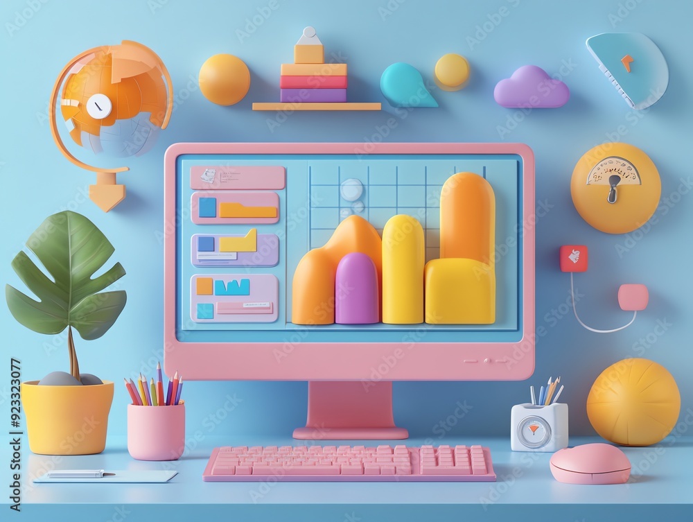 Aufkleber 3D rendering of a computer desk with colorful objects.