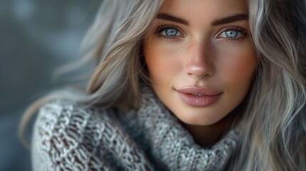 Fototapeta premium Photo of beautiful woman with long grey hair, hair color is ash blonde