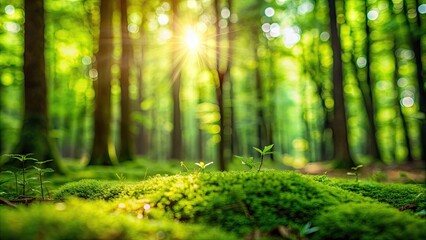 Fototapeta premium Soft blurred background of green forest with shallow depth of field, nature, foliage, atmosphere, summer, environment