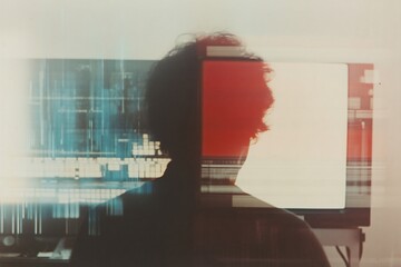 Double exposure portrait merging human silhouette with digital interface Exploring the fusion of humanity and technology in modern work environments