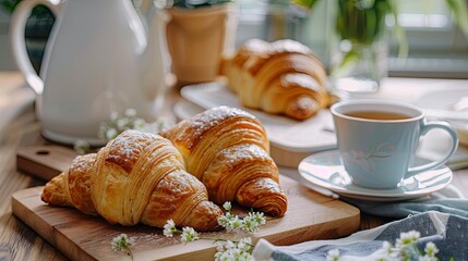 Fresh croissants on the kitchen table, served with a natural herbal tea, for perfect breakfast background