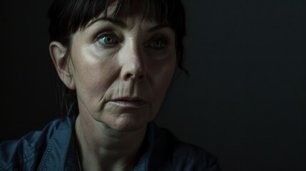Fototapeta premium A contemplative woman with short hair sits in dim lighting, her eyes gazing intensely forward, reflecting deep thought or inner struggle.