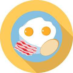 Plate with fried eggs, bacon and a piece of bread isolated on a yellow background. Breakfast time banner. Vector, designer illustration.