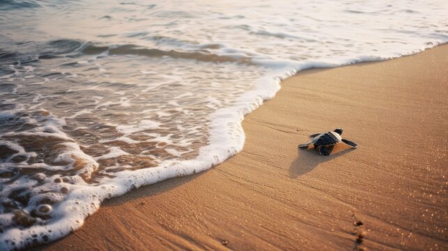 A tiny turtle embarks on its maiden journey to the sea, leaving delicate tracks on the golden sand as gentle waves lap the shore under the soft, morning light.