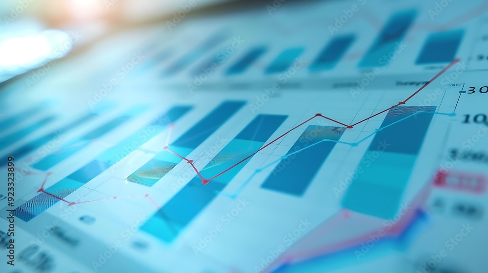 Poster close-up shot of financial charts and graphs with a red line showing a positive trend and blue bars 
