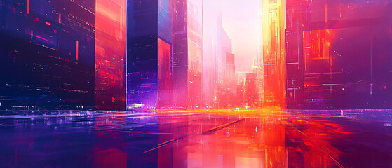 Futuristic Cityscape with Vibrant Neon Lights and Reflective Streets, Futuristic Cityscape with Vibrant Neon Lights and Reflective Str