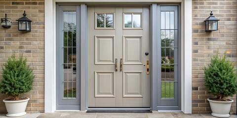 Fototapeta premium Light grey front door with glass panels , entrance, home, exterior, modern, design, residential, architecture, house