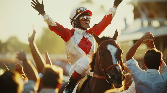 Euphoric jockey celebrates victory atop a galloping horse, cheered on by an excited crowd in a thrilling race event.