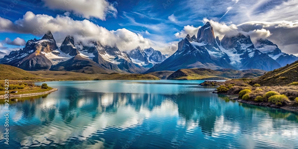 Wall mural Tranquil lagoon surrounded by snow-capped peaks in Torres del Paine National Park, Chile, Sarmiento lagoon