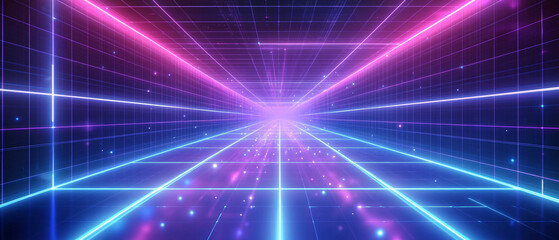 Futuristic Neon Grid Tunnel with Pink and Blue Lights