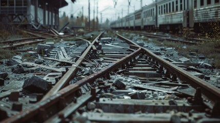 Railway tracks strewn with rubble and surrounded by stationary trains, portraying a scene of disarray and neglect.