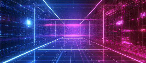 Obraz premium Abstract Neon Grid Tunnel with Digital Glowing Lines