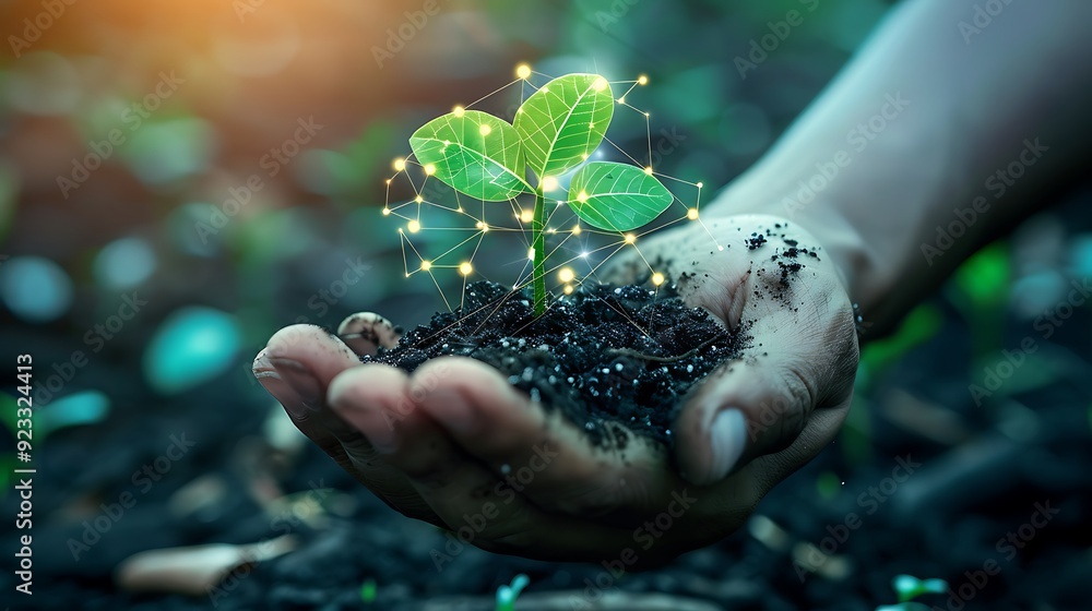 Poster hand holing a small sprout with soil representing new growth and connection to a digital network, hi