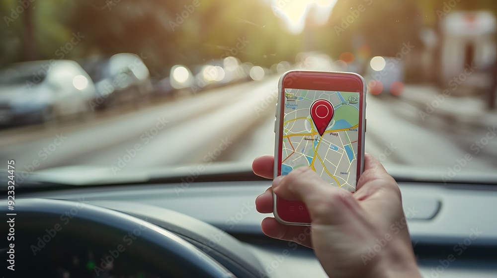 Poster hand holding a smartphone with a gps navigation app open, displaying a map with a red pin marking th