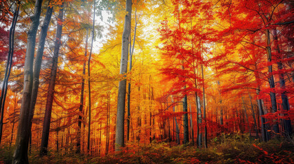 Obraz premium A picturesque scene of a dense forest in autumn, with trees displaying brilliant red, orange, and yellow foliage.