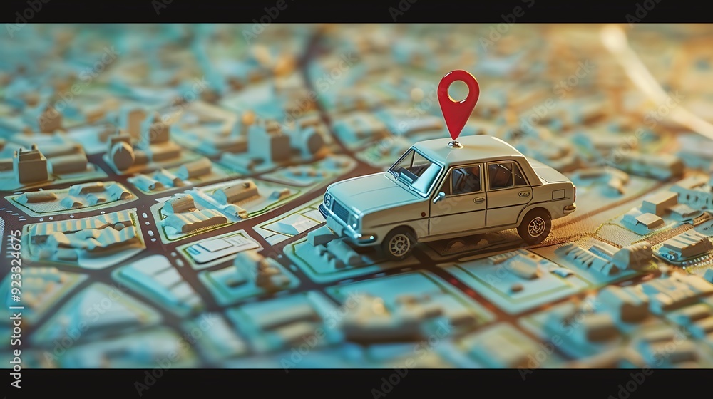 Poster toy car placed on a model map with a red pin marking the location. the image evokes a sense of trave
