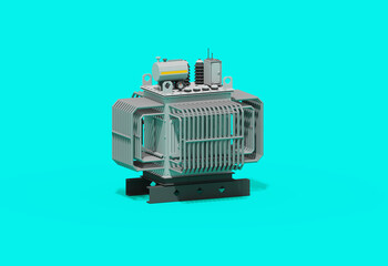 Isometric illustration of a large industrial substantial oil-cooled transformer, showcasing its detailed components and structure. Important part of the critical infrastructure.