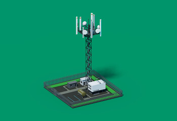 3D rendered top view reveals a cellular station complex enclosed by a fence. Technical buildings are scattered within, connected by roads. Grassy areas provide a contrast to the industrial structures