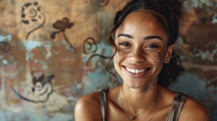 A portrait of a young woman with vitiligo, confidently smiling and embracing her unique beauty.