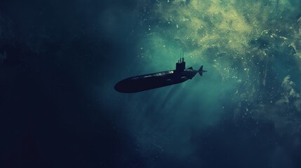 Obraz premium A lone submarine navigates the shadowy, deep sea, its sleek form cutting through the twilight waters with surreptitious grace.