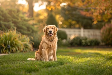 A golden retriever is sitting on a lush green lawn, looking happy and content