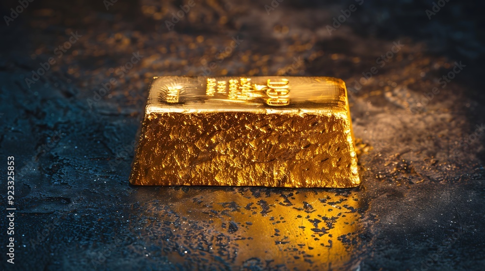 Poster single gold bar gleaming and lustrous resting on a dark textured surface. its smooth surface reflect