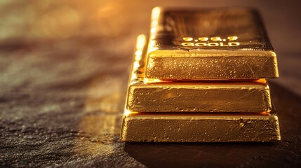 Close-up shot of three gold bars stacked on top of each other. The bars are shiny and have a golden hue evokes a sense of wealth luxury and value.