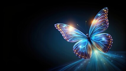 Luminous butterfly fluttering against a dark black background, butterfly, luminous, glowing, glowing wings