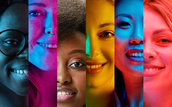 Powerful collage of women's faces, each illuminated in vibrant colors, celebrating gender equality and strength of women. Concept of youth, diversity, human emotions, human rights, social equality. Ad