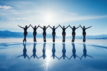 A troupe of ballet performers dressed in black outfits engages in a coordinated routine on an expansive ice rink set against a cold winter landscape with mountains and a bright sky.