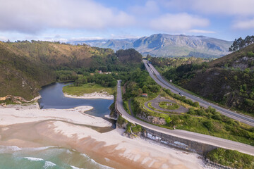 Aerial view of Playa de San Antolín de Bedón on north of Spain