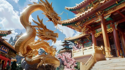 Fototapeta premium Golden dragon statues stand majestically in front of a traditional Chinese temple, with intricate architecture and a serene sky in the background.