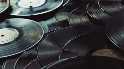 A mesmerizing collection of vintage vinyl records, elegantly scattered and overlapping, reflecting a nostalgic love for classic music and analog sound.