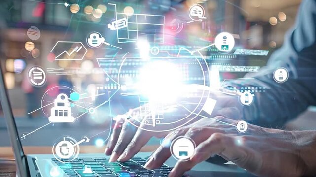 Digital Innovation at Your Fingertips: Hands dance across a laptop, igniting a symphony of data and icons, embodying the essence of technology and progress. 
