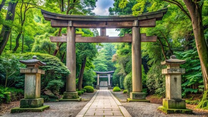 Stone torii gate at a Japanese Shinto Shrine for prayers and praying, Stone, torii gate, Japanese, Shinto Shrine