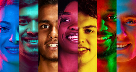 Vibrant collage of close up smiling faces, illuminated by diverse colors, celebrating gender...