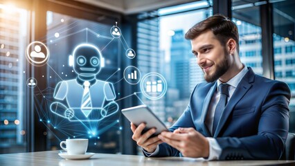AI chat bot communicate and answer question to businessman with smart solution idea. Artificial Intelligence powered system provide detail conversation interface to assist user making best decision.
