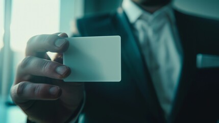 A person in a suit holding out a blank white card, suggesting a professional exchange or introduction.