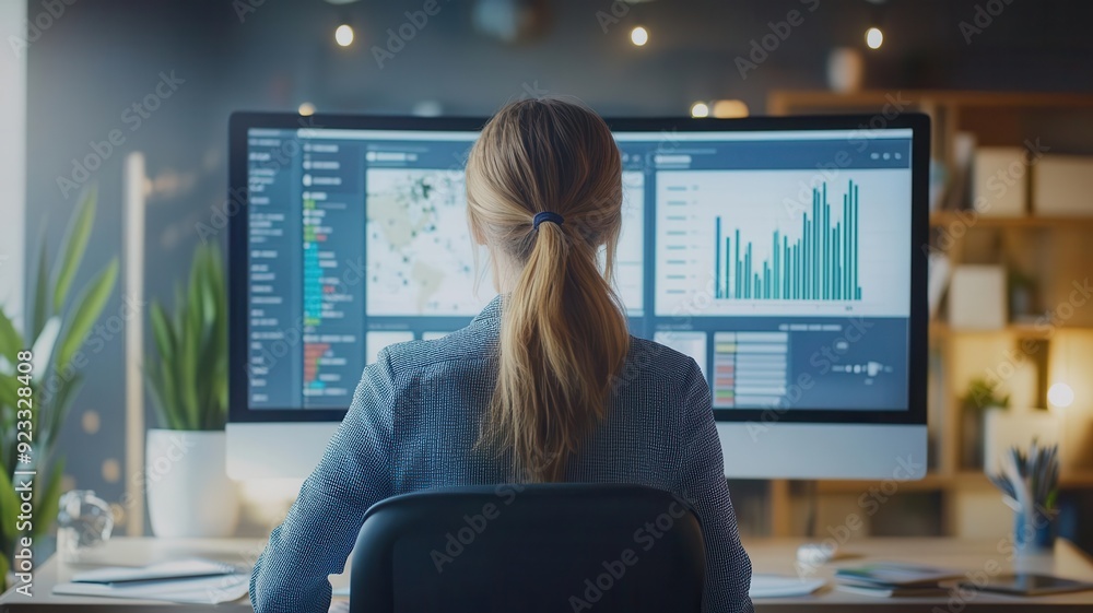 Poster a professional woman analyzes data on a large computer screen, showcasing graphs and statistics in a