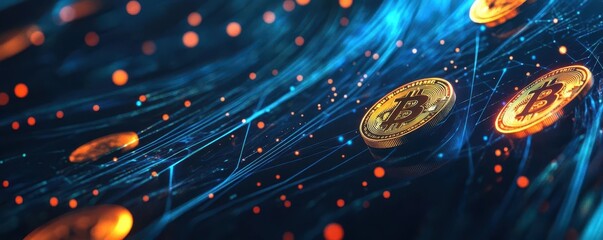 Vibrant digital illustration of cryptocurrency with Bitcoin coins amid glowing data streams and abstract technology background.