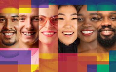 Vibrant collage of diverse, smiling people with overlapping colorful geometric shapes, celebrating...