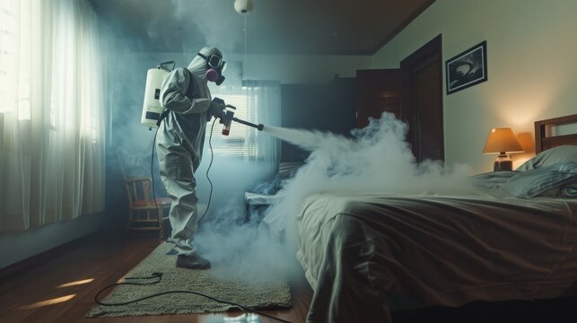 A person in full protective gear fumigates a bedroom, with mist filling the air and light streaming in through curtains.