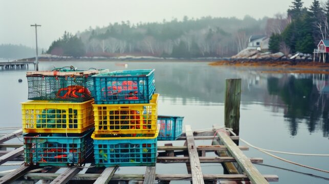 Stacks of lobster crates on a weathered dock next to calm waters, surrounded by nature with misty trees in the background.