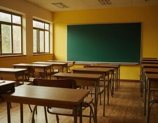 School interior of empty class room with board and seat when nobody or no student in classroom. Ai generated image.