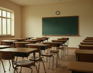 School interior of empty class room with board and seat when nobody or no student in classroom. Ai generated image.