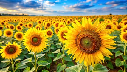 Fototapeta premium Vibrant yellow sunflowers in a field during summertime, sunflowers, yellow, vibrant, field, flowers, petals, blooms, nature